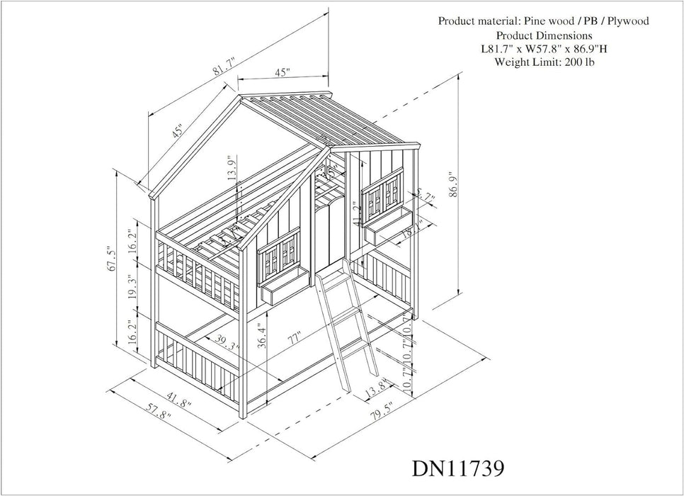 Twin over Twin House Bunk Beds with Roof and Window Door, Window Box, Ladder, Wood Playhouse Bunk Bed for Kids Girls Boys Teens, Gray