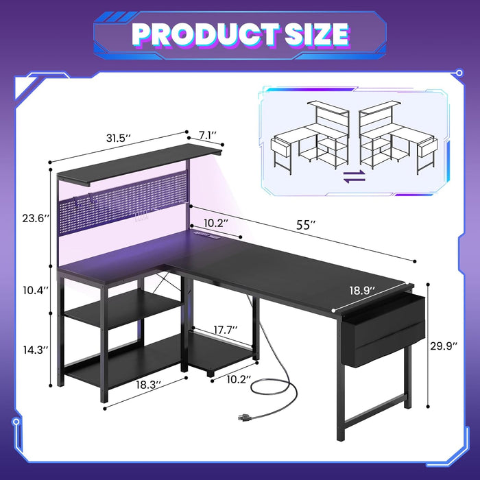 L Shaped Desk Gaming Desk with LED Light & Power Outlet, 55 Inch Reversible Computer Desk with Pegboard & Shelf & Storage Bag for Home Office, Black