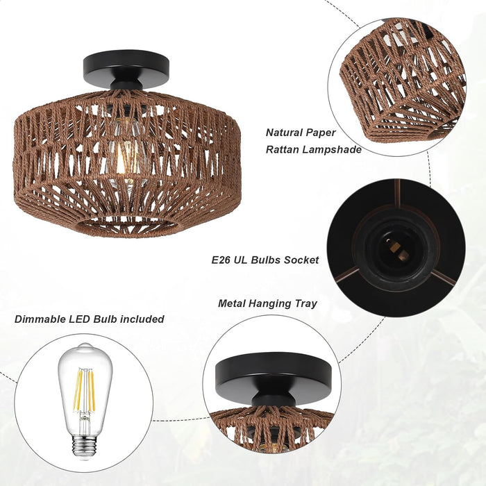 Boho Rattan Light Fixtures Ceiling Mount,Ceiling Light Fixtures with Dimmable LED Bulb,Hand Woven Rattan Chandelier Light Fixtures Ceiling for Bedroom Living Room Entryway(Dark Brown)