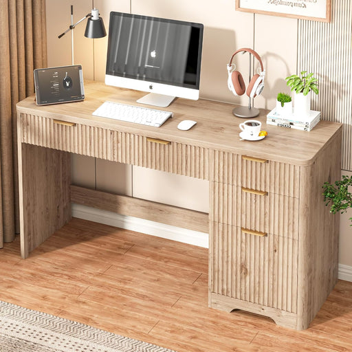 59" Fluted Executive Desk with Adjustable File Drawer, Workstation Computer Desk with 4 Storage Drawers, for Home Office, Study, Writing, Oak