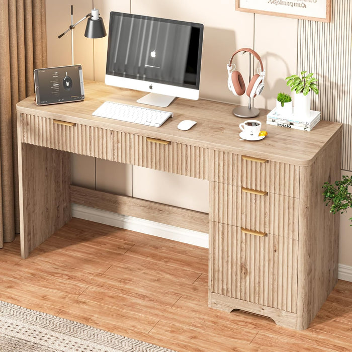 59" Fluted Executive Desk with Adjustable File Drawer, Workstation Computer Desk with 4 Storage Drawers, for Home Office, Study, Writing, Oak