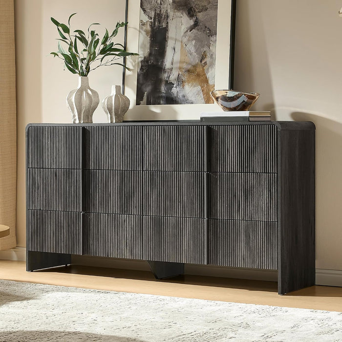 Fluted 6 Drawer Dresser 63" Long with Pine Handles, Black