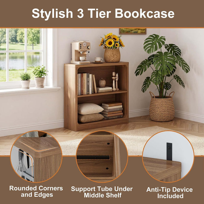 Wooden Bookshelf, 2-Tier Compact Open Bookcase with Rounded Corners, Small Floor Standing Display Book Shelf for Living Room, Bedroom, Home Office, Kids' Room (Walnut)