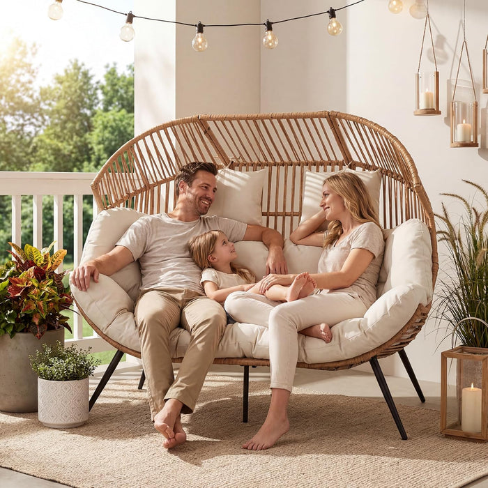 Wicker Double Egg Chair PE Rattan with Thicken Padded Cushion, 2 Person Oversized Patio Lounge Loveseat Chair for Outdoor, Indoor, Balcony, Backyard, Garden, Beige