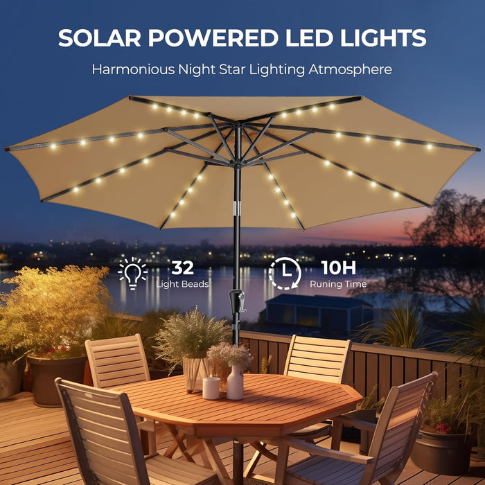 9Ft Solar Patio Umbrella - Solar Lights LED Lighted Outdoor Market Table Umbrella, UPF50+ UV Protection with Push Button Tilt, Crank for Pool Deck and Garden (Beige)