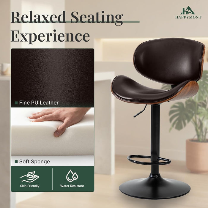 Bar Stools Set of 2, Adjustable Height 24-33'' Swivel Bar Chairs | PU Leather Upholstered Barstools with Removable Back for Kitchen Island Dining Room, Brown