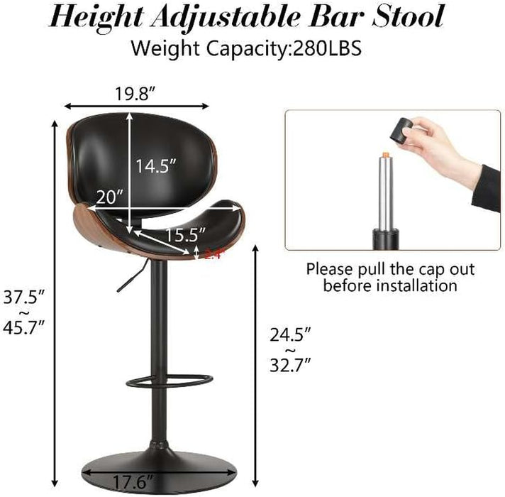 Bar Stools for Kitchen Swivel Bentwood Barstools,Set of 2,Black PU | Modern PU Leather Upholstered Bar Chairs with Footrest, Bentwood Bar Stool for Kitchen, Bar, Dining Room