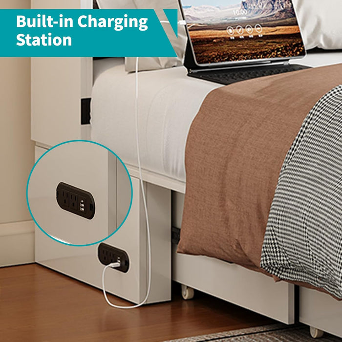 Queen Murphy Bed with Tri-Folding Mattress, 63" W Cabinet Bed with USB Charging Station & Storage Drawer, Queen Size Murphy Cabinet Beds for Living Room, Apartment, Home Office, Bedroom, White