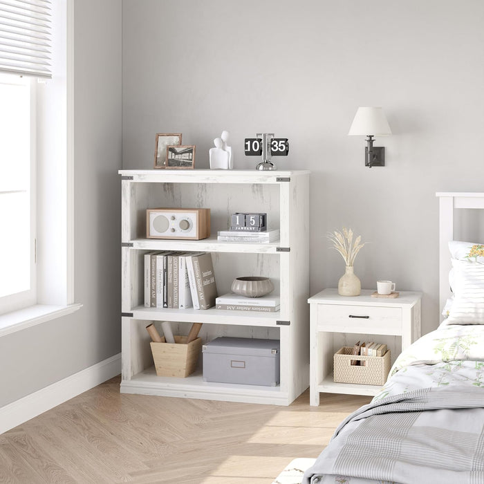 3 Tier Bookcase, Farmhouse Book Shelf with Storage, Low Book Case Wooden 3 Shelf Bookcase for Home Office, Living Room, Bed Room (White, 40.0" H X 31.5" W X 12.2" D)