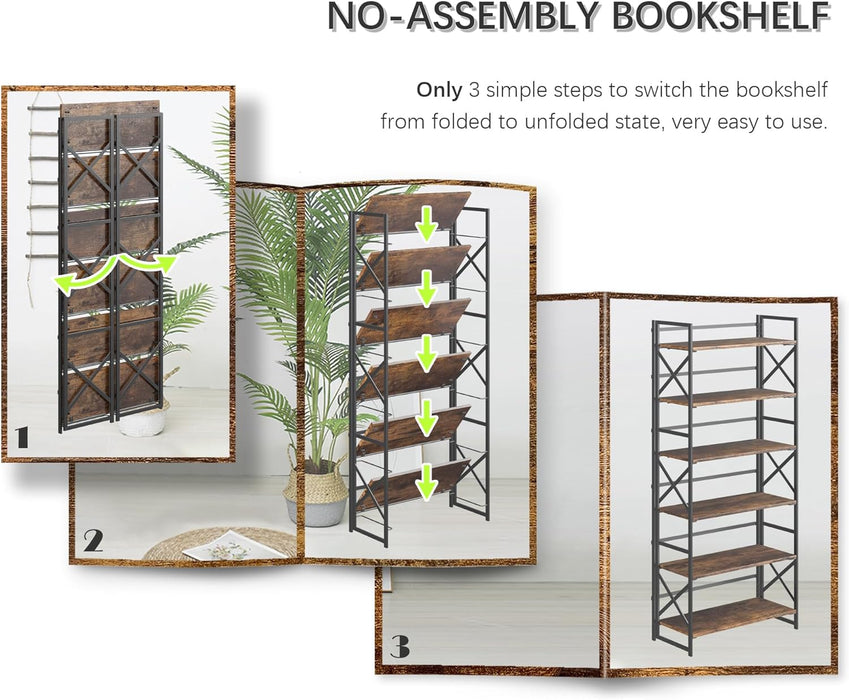 Six Tier Foldable Brown Bookcase Industrial Finish