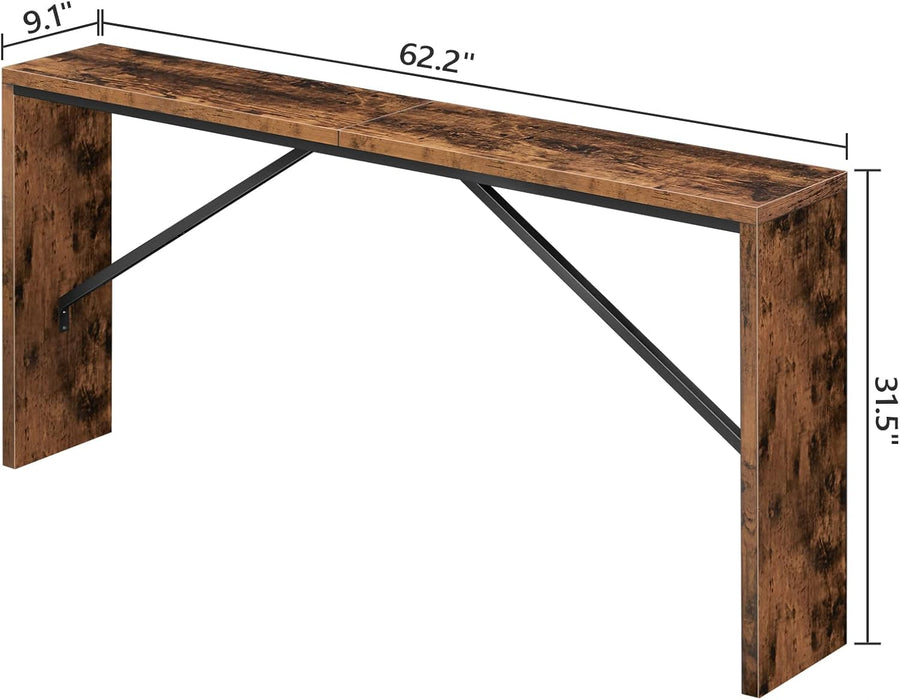 Console Table, 62.2" Long Sofa Table behind Couch, Narrow Entryway Table, Farmhouse Dining Table with Angled Metal Frame, Industrial Console Table for Entryway, Rustic Brown CTHR15801Z
