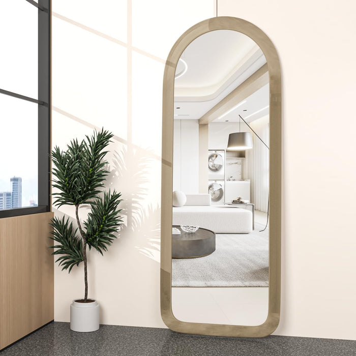 Full Length Mirror 56"X20" Arch Floor Mirror with Stand Arched Full Body Mirror Standing Hanging or Leaning against Wall for Bedroom Flannel Wrapped Wooden Frame Milk Tea