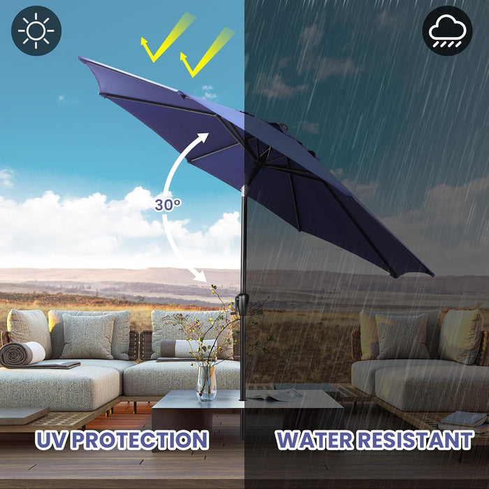 9' round Patio Umbrella with Push-Button Tilt and Hand Crank Lift System, Market Umbrella for Porch, Deck, and Patio