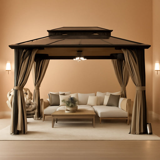 10'X13' Hardtop Gazebo, Outdoor Polycarbonate Double Roof Canopy, Aluminum Frame Permanent Pavilion with Curtains and Netting, Sunshade for Garden, Lawns, Patio