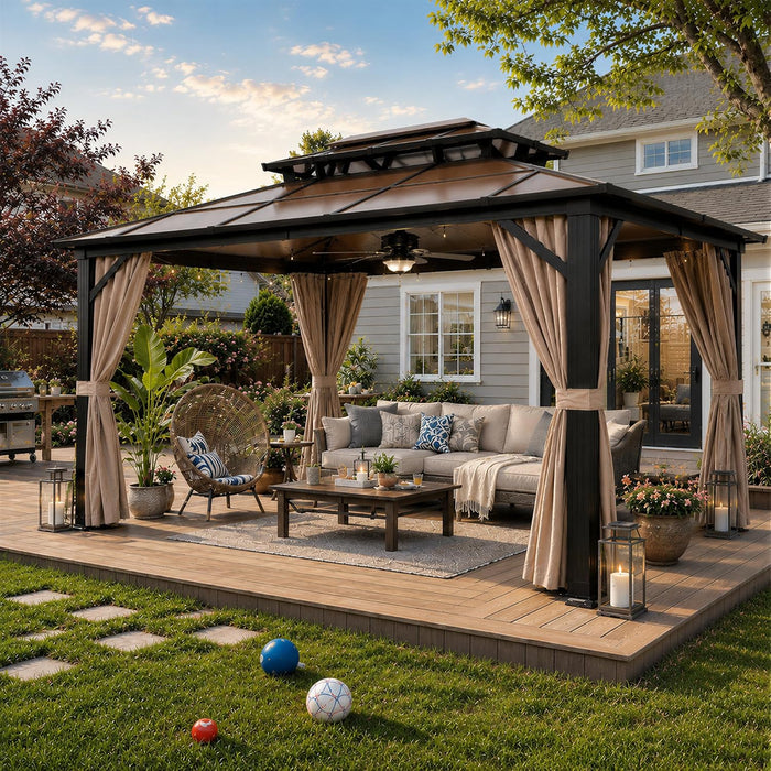 10'X13' Hardtop Gazebo, Outdoor Polycarbonate Double Roof Canopy, Aluminum Frame Permanent Pavilion with Curtains and Netting, Sunshade for Garden, Lawns, Patio
