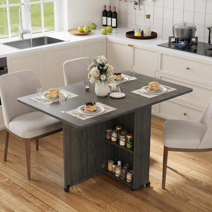 Folding Dining Table with Storage, Folding Kitchen Table with 6 Wheels, Drawer & Shelves, Compact Dining Table for Small Spaces
