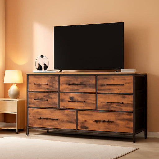 Wide Dresser with 9 Large Drawers for 55'' Long Chest TV Stand Entertainment Center,Wood Shelf Storage for Bedroom,Living Room,Closet,Entryway,Sturdy Metal Frame (Rustic Brown)