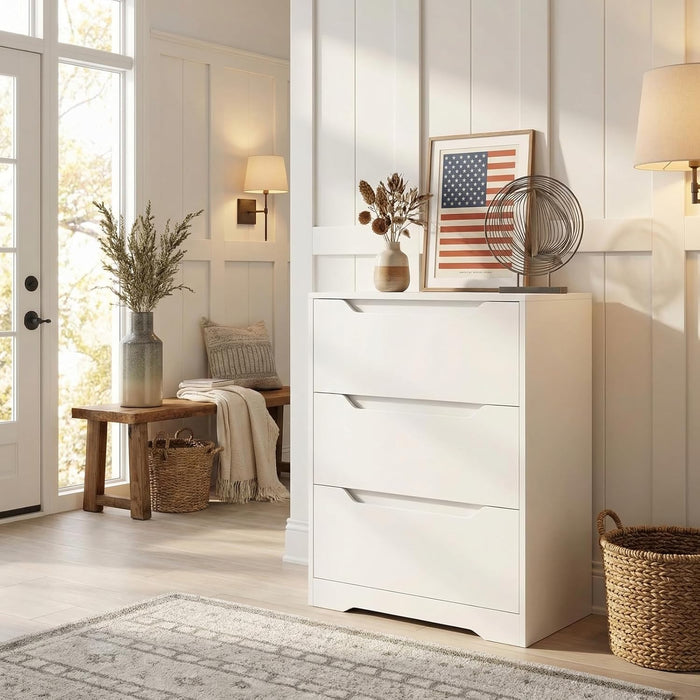 Modern 3 Drawer Dresser, Wood Chest of Drawers with Storage, Tall Nightstand with Cut-Out Handles, Side End Table, Accent Storage Cabinet for Living Room, Entryway, White