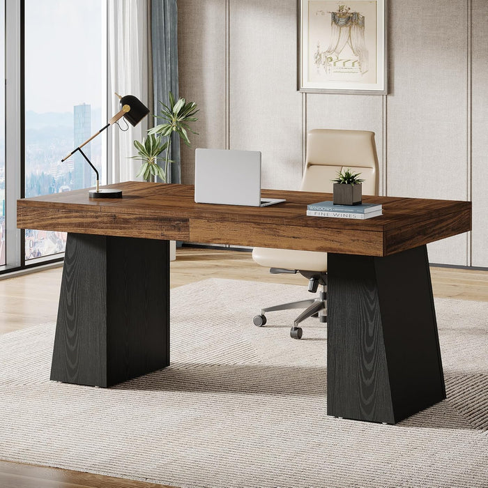 55 Inches Executive Desk, Mid-Century Modern Home Office Desk, Wood Computer Table Business Workstation Small Conference Table, Black & Brown