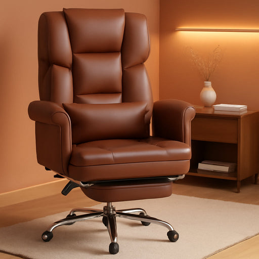 Executive Office Chair with Footrest and Lumbar Support, PU Leather Ergonomic Office Desk Chair, Reclining and Swivel Chair, Brown