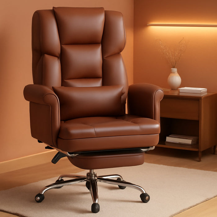 Executive Office Chair with Footrest and Lumbar Support, PU Leather Ergonomic Office Desk Chair, Reclining and Swivel Chair, Brown
