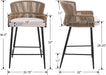 Farmhouse Woven Bar Stools Set of 3, 26 Inch Linen Upholstered Rattan Barstools with Curved Backs, Modern Cane Counter Height Bar Chairs with Metal Legs and Armrest for Kitchen Island, Beige