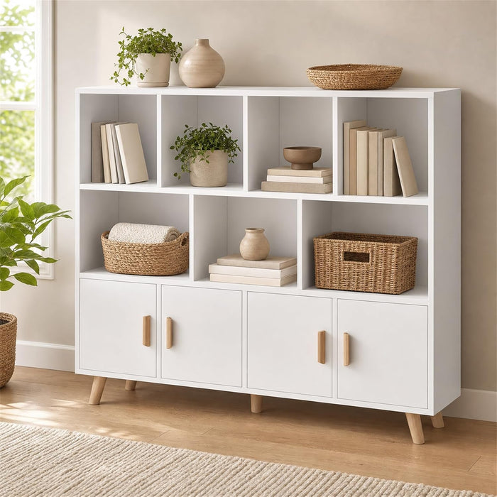 11-Cube Bookcase with Doors, 3-Tier Storage Cabient, Warm White | Solid Wood Legs and Door Handles, Cubby Shelf with 4 Doors, Fits 11×11" Bins for Home & Office