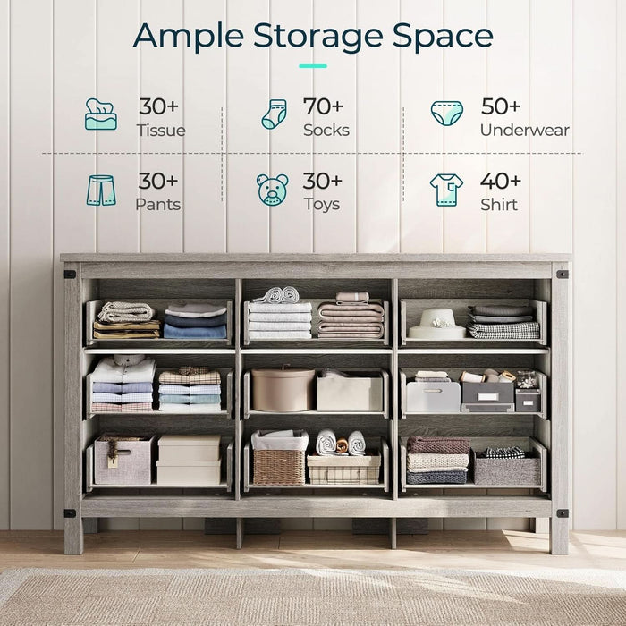 Dresser for Bedroom with 9 Drawers, 59” Wide Chest with Deep Drawer, Modern Farmhouse Dresser TV Stand with Metal Handles, Wood Storage Cabinet for Closet, Living Room, Hallway, Wash Grey