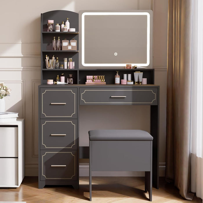 Vanity Table with LED Mirror & Power Outlet - 5 Open Shelves, 4 Drawers - Includes Padded Stool - Ideal Bedroom Makeup Dressing Table （Black）
