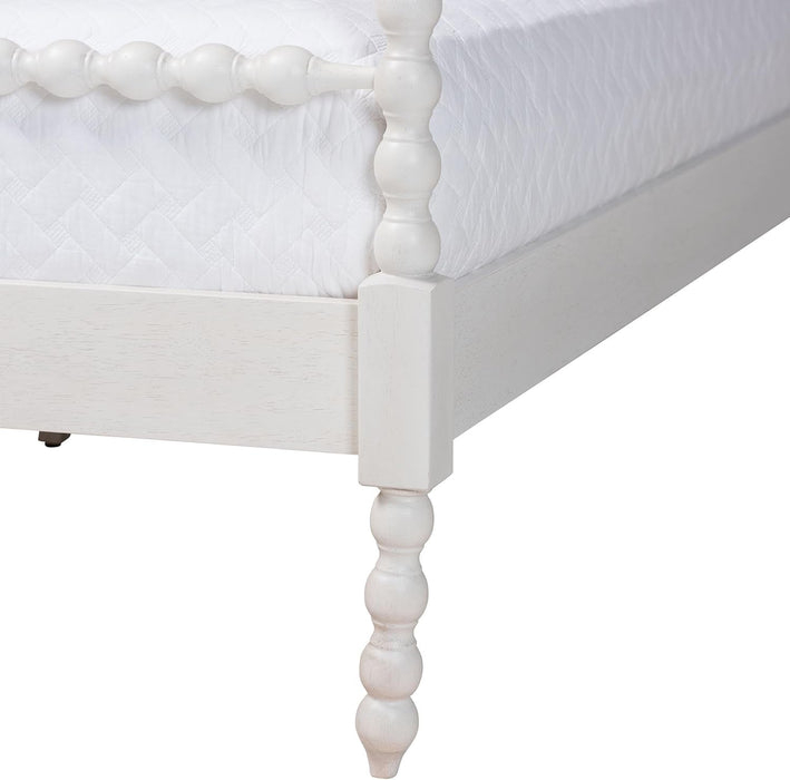 Caliana Bobbin Four-Poster Platform Bed - Wooden Bed Frame with Turned Spindle Posts and Panel Headboard, Vintage-Inspired Bedroom Furniture, White, Queen