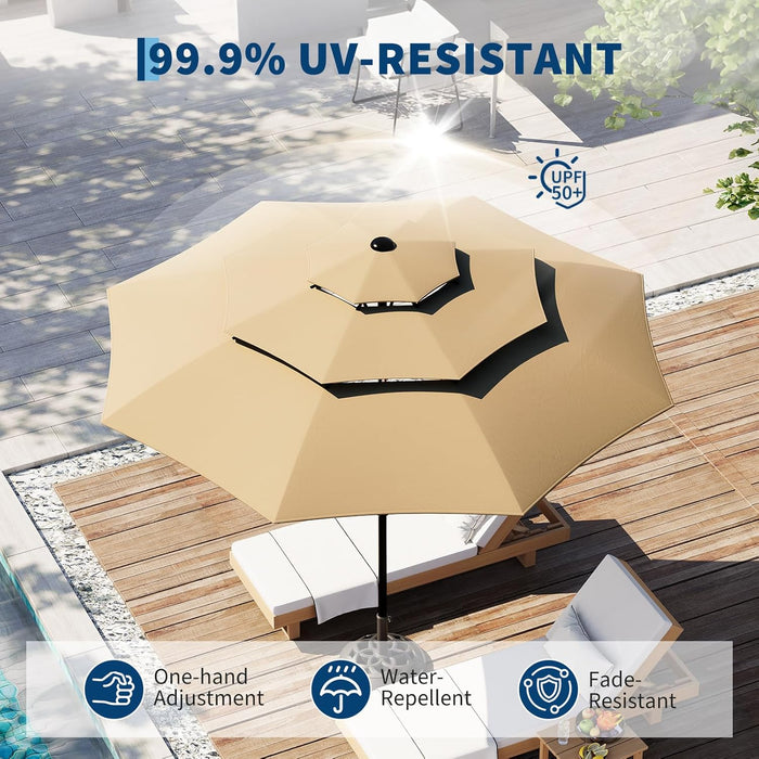 10Ft 3-Tier Patio Umbrella, Outdoor Table Umbrella with Vents, Easy Crank and Push Button Tilt, Market Umbrella with 8 Sturdy Ribs for Pool, Deck, Yard, Garden -Tan