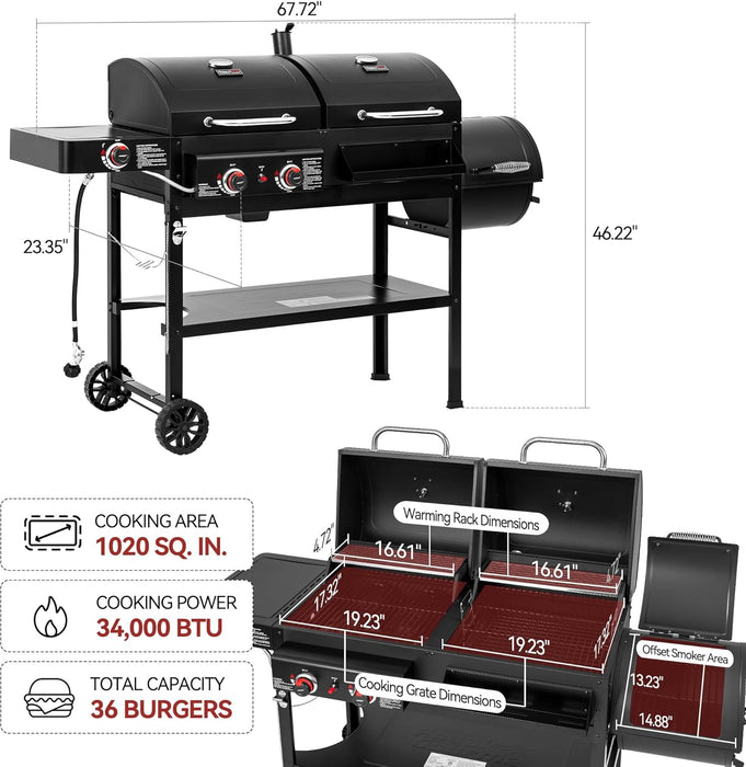 2-Burner Gas and Charcoal Combo Grill with Offset Smoker & Side Burner, 34,000 BTU Dual Fuel Grill, 1020 Sq. In. Cooking Area, Ideal for Outdoor Cooking, Black, ZH3005Y-SC
