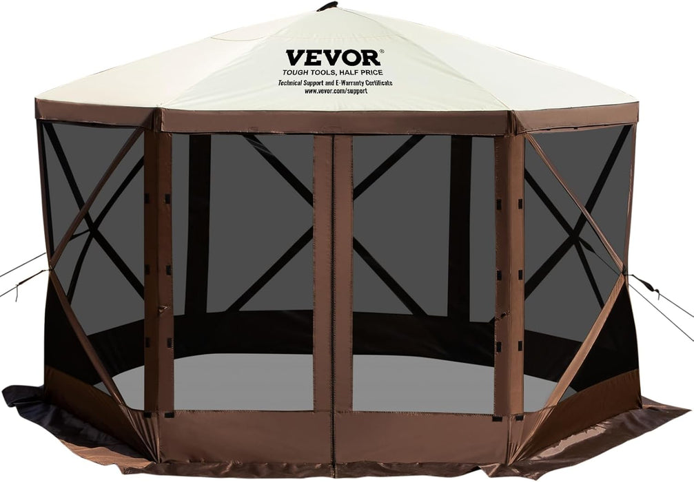 Camping Gazebo Screen Tent, 12 * 12Ft, 6 Sided Pop-Up Canopy Shelter Tent with Mesh Windows, Portable Carry Bag, Stakes, Large Shade Tents for Outdoor Camping, Lawn and Backyard, Brown/Beige