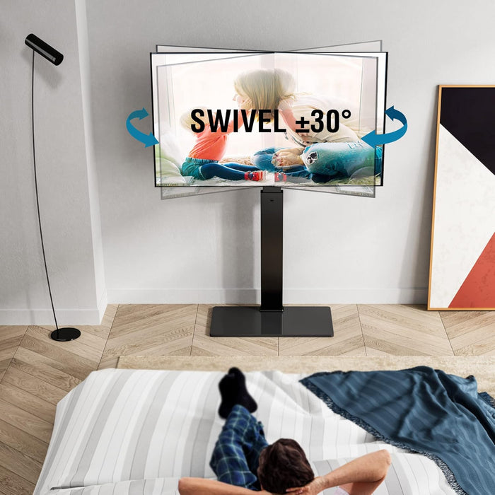 Swivel Floor TV Stand with Mount for Tvs 37 43 50 55 60 65 70 75 Inch LCD LED Flat/Curved Screens Universal Swivel Televisions TV Mount Stand for Bedroom Living Room Black Tempered Glass Base