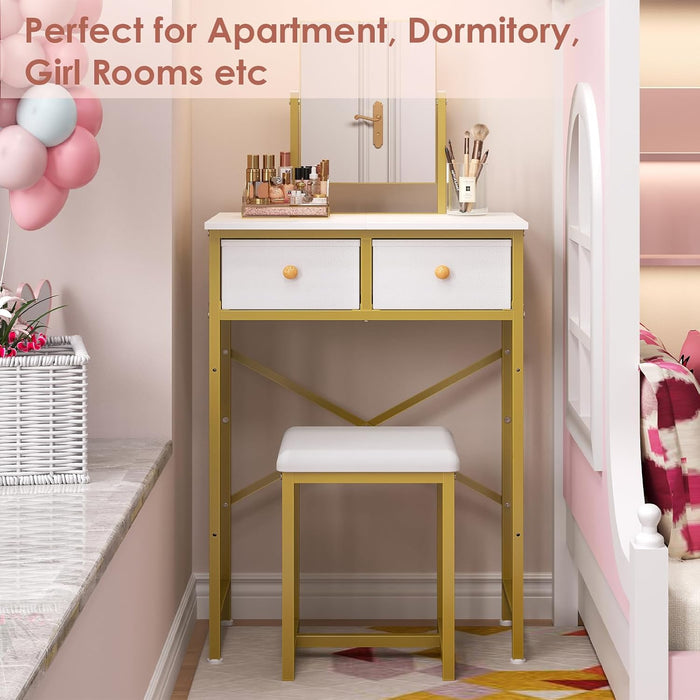 Small Makeup Vanity Desk with Mirror & Chair, Mini Vanity Desk Table Set with Fabric Storage Drawer, 19.7" Compact Vanity Desk for Girls, Dressing Table with Chair for Bedroom, White Golden