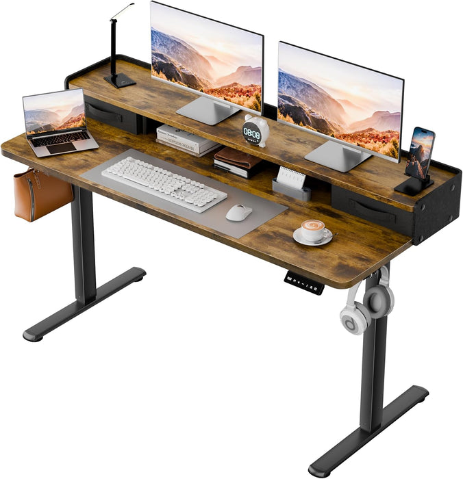 Electric Standing Desk with 2 Drawers, Adjustable Height Computer Desk with Monitor Shelf Sit Stand Table with Splice Board Quick Install for Home Office (Rustic Brown, 48 Inch)