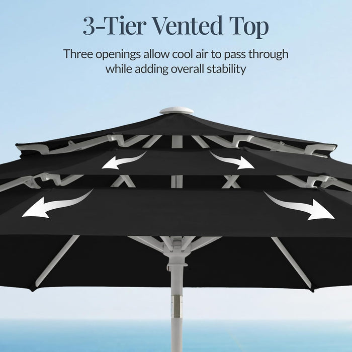 10Ft 3-Tier Patio Umbrella White Pole, Outdoor Market Umbrella with Push Button Tilt and Crank Lift, Steel Pole Umbrella for Backyard Patio Pool Outdoor Shade