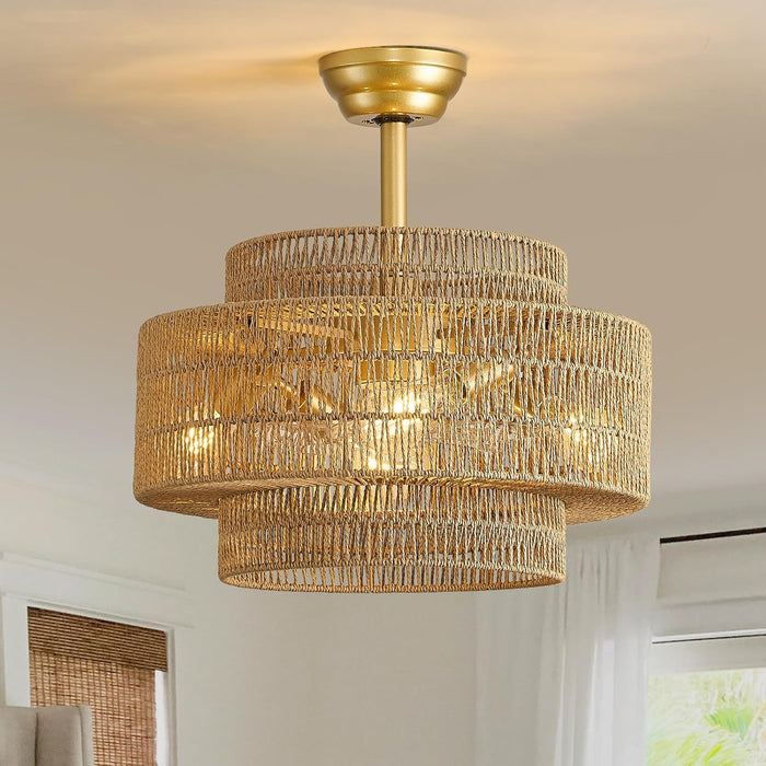 20 Inch Boho Rattan Fandelier Ceiling Fans with Lights and Remote Control