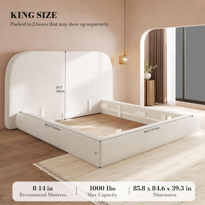 King Size Bed Frame, Velvet Upholstered Platform Bed Frame with Headboard, Soft Cloud Bed with Footboard, Rounded Corners, 10 Seconds Easy Assembly, Beige (Not Include Box Spring)