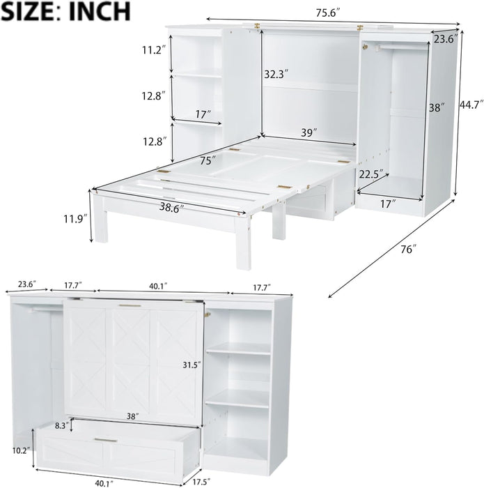 Twin Size Murphy Bed with Bedside Shelves and Wardrobe, White Wooden Bed Frame with Large Drawer