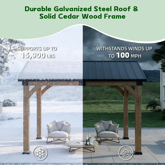 10X12 Ft Cedar Wood Gazebo, Hardtop Gazebo with Galvanized Steel Peak Roof, Outdoor Pavilion for Garden, Backyard, Patio, Deck