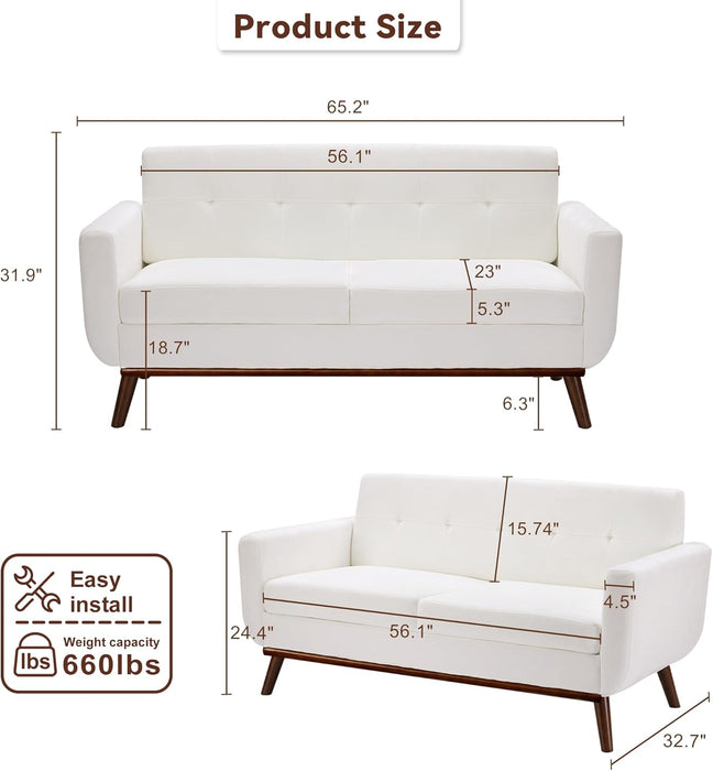 65.2" W Loveseat Sofa, Mid Century Modern Decor Love Seat Couches for Living Room, Button Tufted Upholstered Furniture, Solid & Easy to Install Small Couch for Bedroom Office Apartment, White