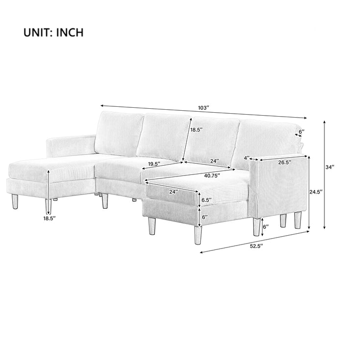 103" Convertible Sectional Sofa U-Shaped Couch, Corduroy 4 Seat Sectional Sofa with Comfortable Backrest, Sleeper Sofa Couch for Living Room,Beige