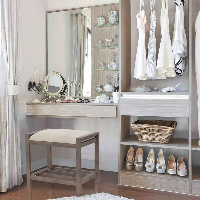 Gray Upholstered Vanity Stool With Linen Upholstery