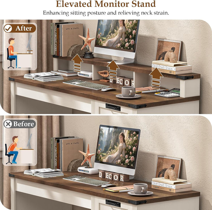 55" Farmhouse Executive Desk with 3 Drawers, Wooden Computer Desk with Keyboard Tray, Home Office Desk with File Drawer (Fits A4 Size) for Work and Study, White and Brown