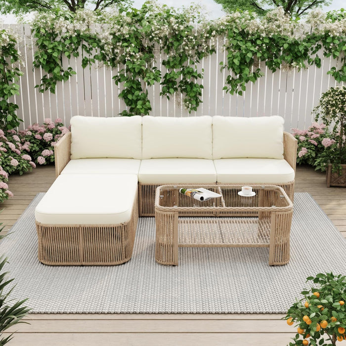 Outdoor Patio Furniture Set, PE Rattan Wicker Conversation Sofa Set with Iron Frame Cushions and Glass Top Coffee Table, Modular Backyard Balcony Seating Set, Dark Beige