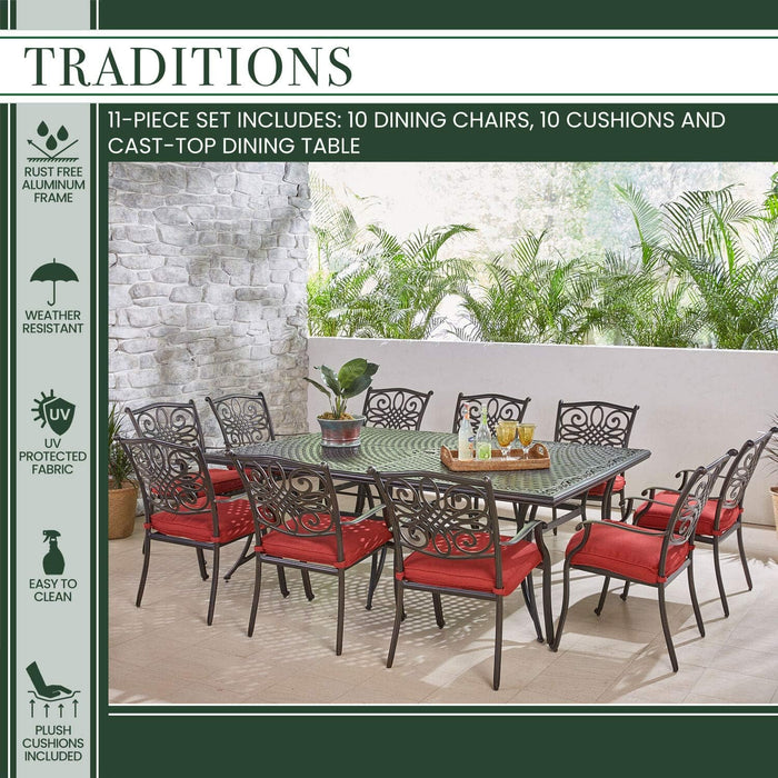 Traditions 11-Piece Patio Dining Set with 10 Stationary Chairs, Plush Red Cushions, and Extra Large Dining Table, Patio Dining Set for 10, All-Weather Rust-Resistant Luxury Outdoor Dining Set