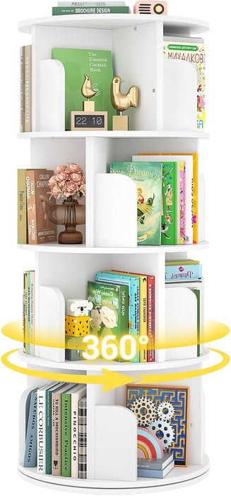 Rotating Bookshelf, 4 Tier Wood Spinning Bookcase Tower, White