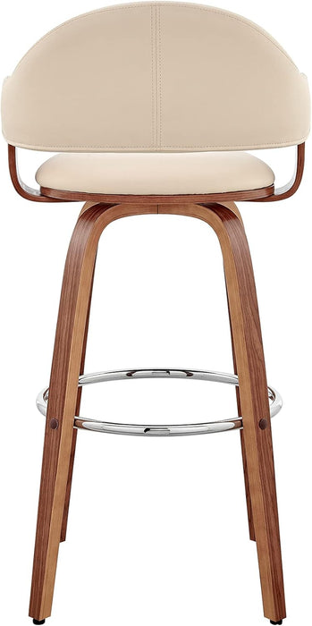 Daxton Mid Century Modern Swivel Bar Stool for Kitchen Island Counter in Cream Faux Leather and Walnut Wood, 30" Seat Height