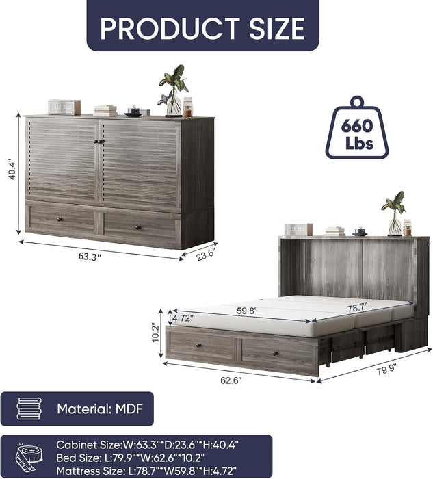 Queen Murphy Bed Grey With IntegratedCharging Station